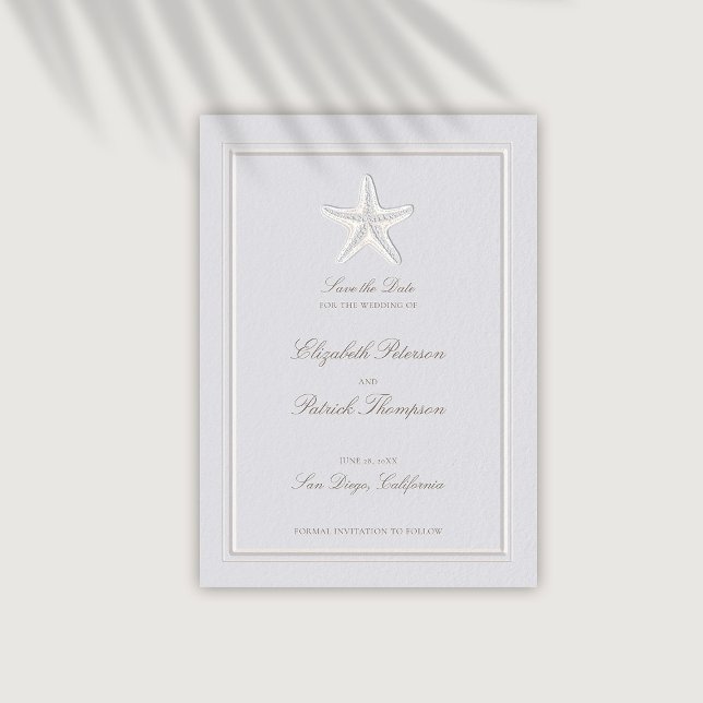 Faux Embossed Starfish Coastal Formal Wedding Save The Date (coastal wedding save the date card modern classic formal traditional frame faux embossed starfish)