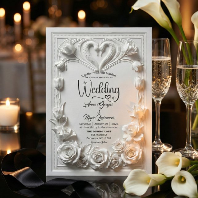 Faux Embossed White Floral Relief Monogram Wedding Invitation (Creator Uploaded)