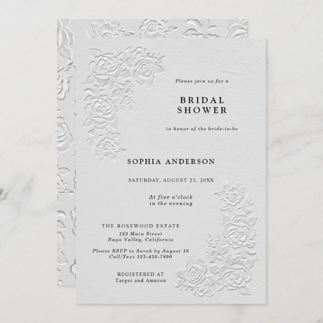 Faux Embossed White Roses Bridal Shower Invitation (Front/Back)