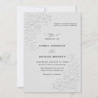 Faux Embossed White Roses Wedding Invitation