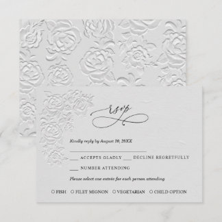 Faux Embossed White Roses Wedding RSVP Card