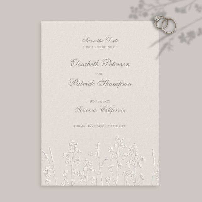 Faux Embossed Wildflowers Ecru Formal Wedding Save The Date (formal traditional wedding save the date faux embossed wildflowers elegant modern classic ecru)