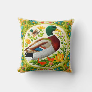 Faux Embroidered and Quilted Look Mallard Duck  Cushion