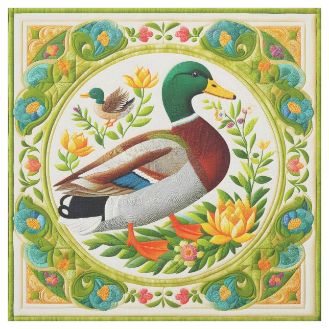 Faux Embroidered and Quilted Look Mallard Duck Fabric (Swatch)