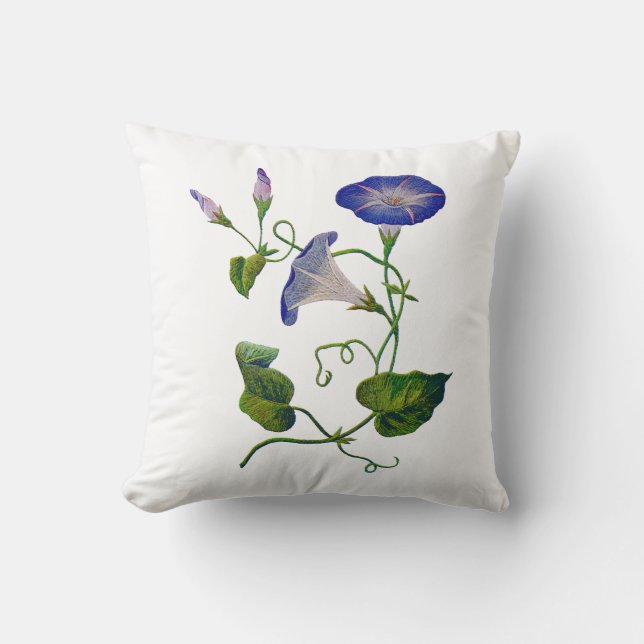 Faux Embroidered Blue Morning Glory Pillow (Front)