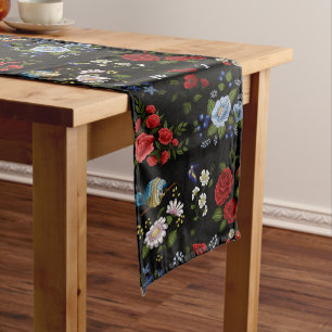 Faux Embroidered Red & Blue Flowers Long Table Runner