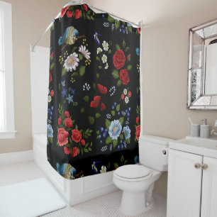 Faux Embroidered Red & Blue Flowers  Shower Curtain