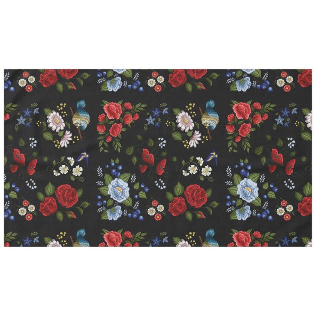 Faux Embroidered Red & Blue Flowers    Tablecloth (Front (Horizontal))