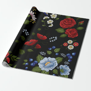 Faux Embroidered Red & Blue Flowers  Wrapping Paper