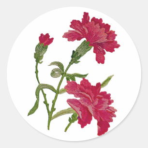Faux Embroidered Red Carnations Classic Round Sticker