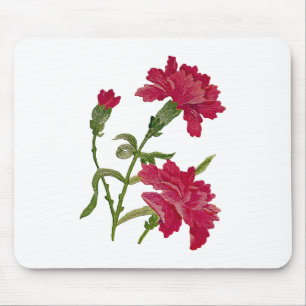Faux Embroidered Red Carnations Mouse Mat
