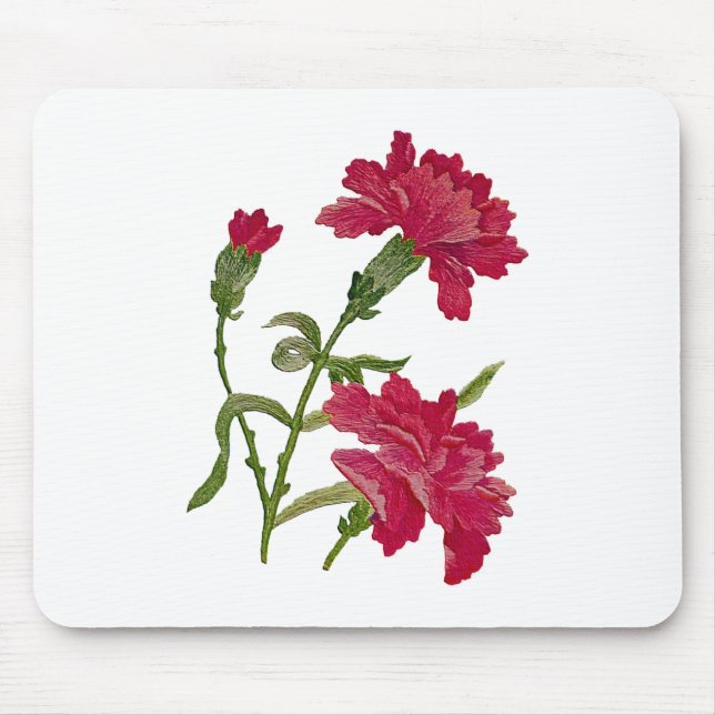 Faux Embroidered Red Carnations Mouse Mat (Front)