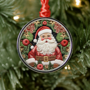 Faux Embroidered Santa Christmas Metal Tree Decoration