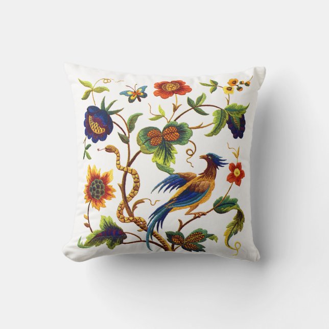 Faux Embroidery - Bird Of Paradise Crewel Design Cushion (Front)
