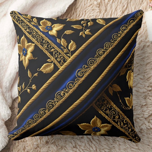 faux Embroidery Blue Gold Flowers black Cushion (Creator Uploaded)