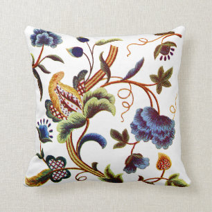 Faux Embroidery - Blue Jacobean Crewel Embroidery Cushion