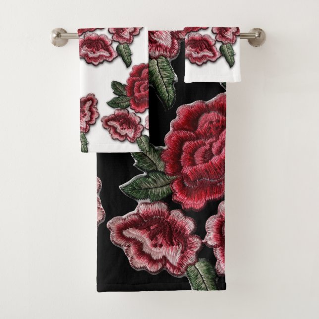 Faux Embroidery Red Roses Floral Rose Pattern Bath Towel Set (Insitu)
