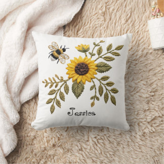Faux Embroidery Sunflower and Honeybee Cushion