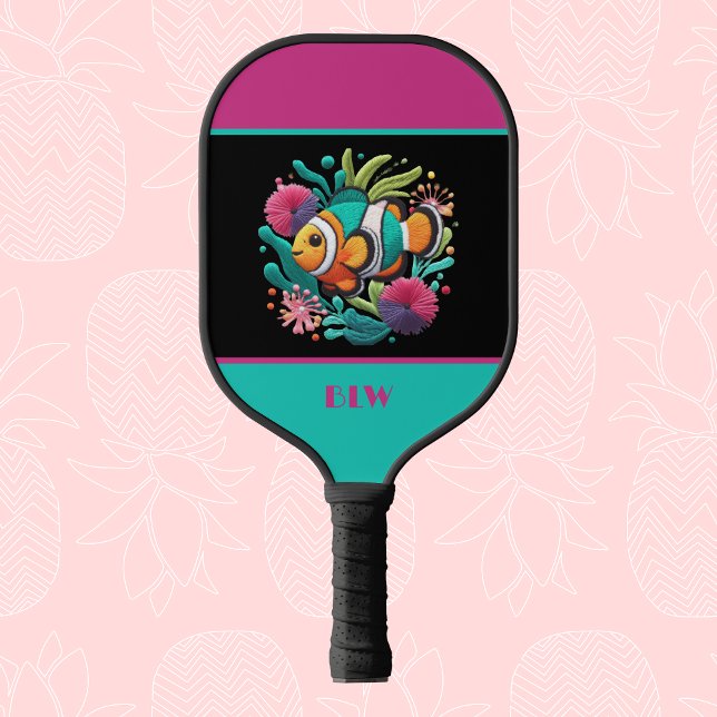 Faux Embroidery Tropical Fish Blue Pink Monogram Pickleball Paddle (Creator Uploaded)