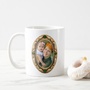 Faux Emerald and Gold Oval Framed Photos Coffee Mug