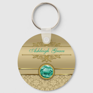 Faux Emerald Gemstone Metallic Shiny Gold Damask Key Ring