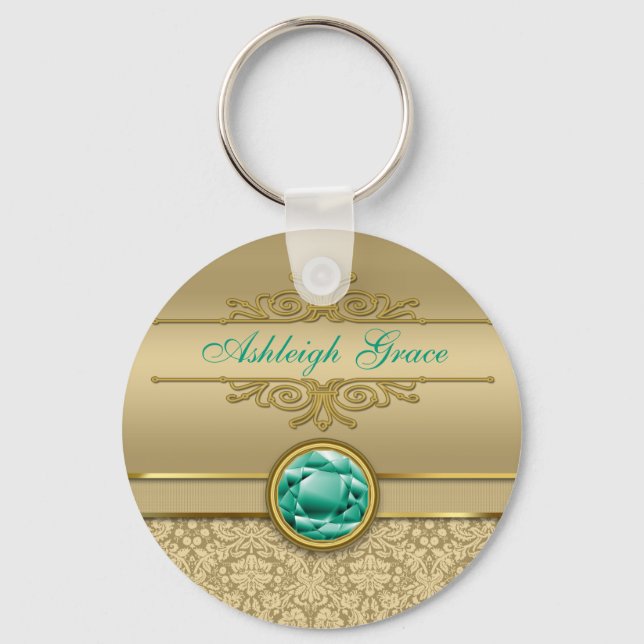 Faux Emerald Gemstone Metallic Shiny Gold Damask Key Ring (Front)