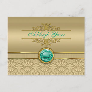 Faux Emerald Gemstone Metallic Shiny Gold Damask Postcard