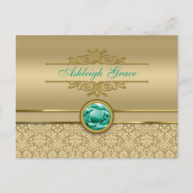 Faux Emerald Gemstone Metallic Shiny Gold Damask Postcard (Front)