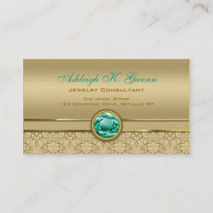Faux Emerald Green Gemstone Metallic Gold Damask Business Card