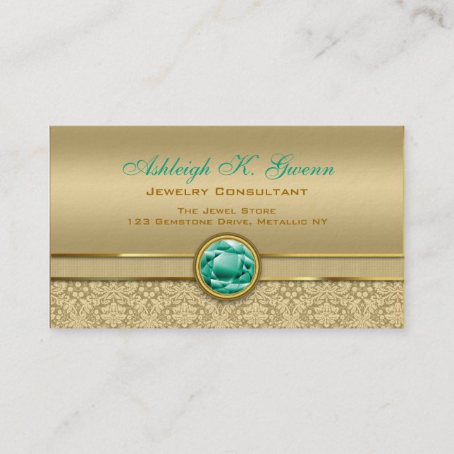 Faux Emerald Green Gemstone Metallic Gold Damask Business Card (Front)