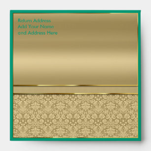 Faux Emerald Green Gemstone Metallic Gold Damask Envelope