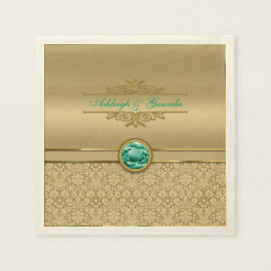 Faux Emerald Green Gemstone Metallic Gold Damask Napkin