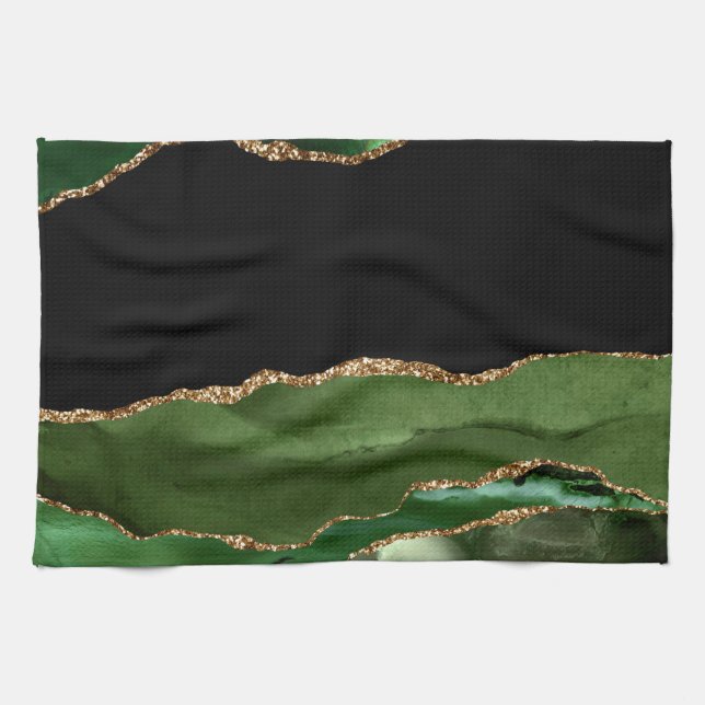 Faux Emerald Green Marbled Agate Contemporary Tea Towel (Horizontal)