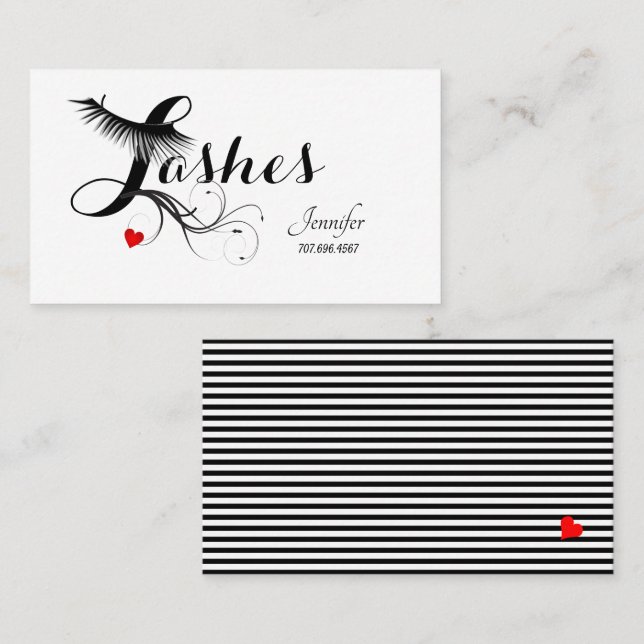 Faux Eyelashes Technician Red Heart & Stripes  Business Card (Front/Back)