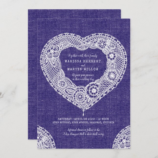 Faux fabric lace heart navy wedding invites (Front/Back)