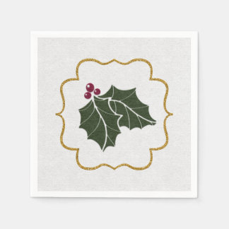 Faux Felt and Gold Glitter Holly Leaves Berries Napkin