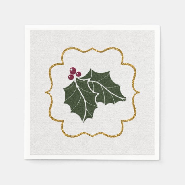 Faux Felt and Gold Glitter Holly Leaves Berries Napkin (Front)