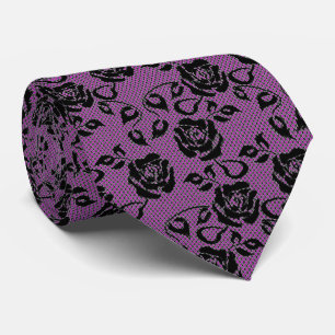 Faux Fishnet Black Lace Neck Tie Purple and Black