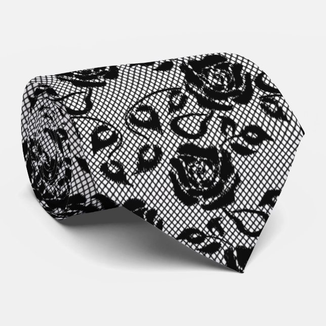 Faux Fishnet Black Lace Neck Tie with Roses (Rolled)
