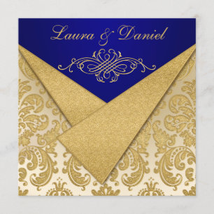 FAUX FLAPS Blue, Gold Damask Anniversary Invite