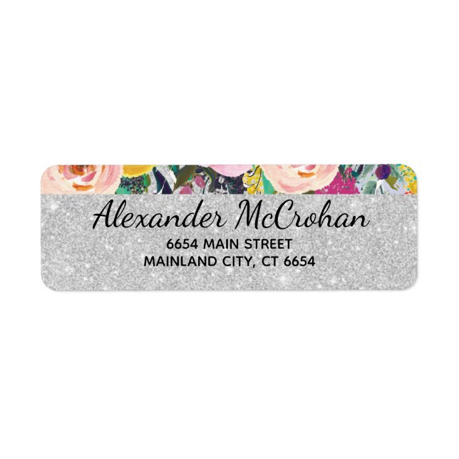 Faux Floral  Silver Glitter Foil Return Address (Front)