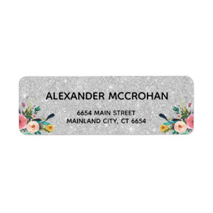 Faux Floral  Silver Glitter Foil Return Address