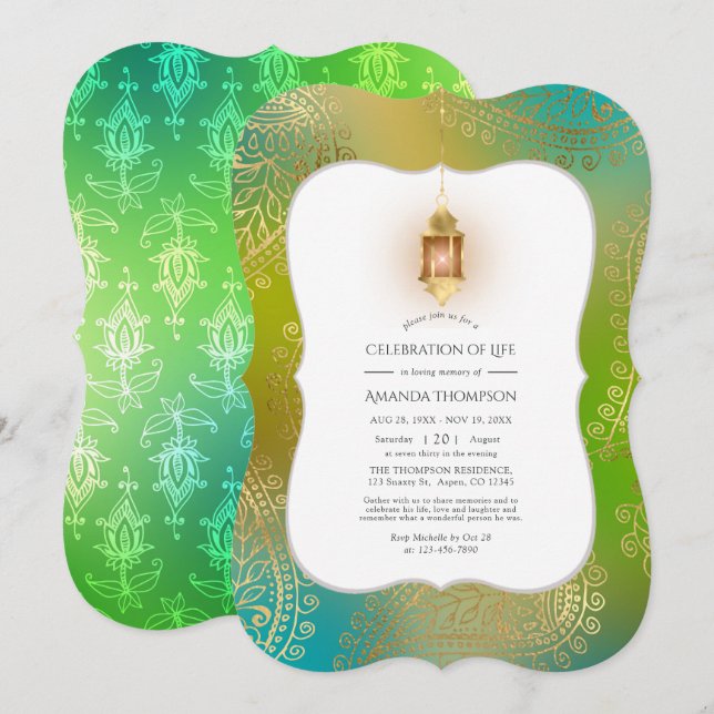 Faux Foil Arabian Bollywood Celebration of Life Invitation (Front/Back)