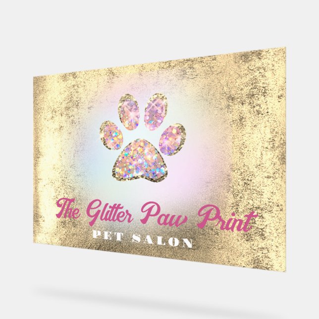 faux foil background glitter paw print logo acrylic sign (Angle)