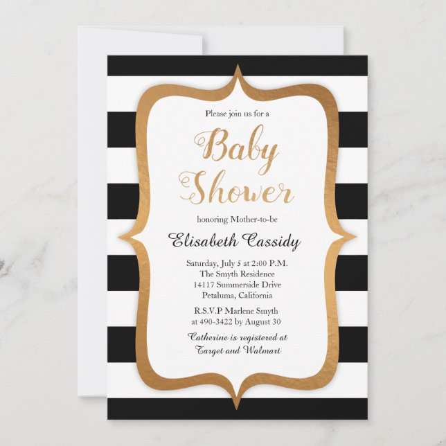 Faux Foil Black Stripes Baby Shower Invitation (Front)