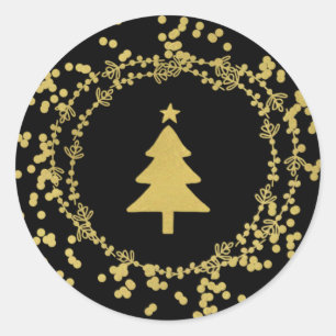 Faux Foil Christmas Tree Round Sticker - Gold Blac
