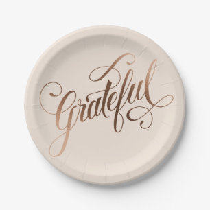 Faux-foil Elegant Grateful Script for Thanksgiving Paper Plate