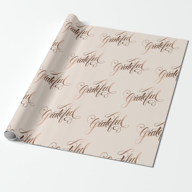 Faux-foil Elegant Grateful Script for Thanksgiving Wrapping Paper (Unrolled)