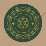Faux Foil Frame Personalised Christmas Gift Tags<br><div class="desc">Custom printed round holiday gift tag stickers personalised with your Merry Christmas message and name or other custom text. This chic design features an ornate geometric snowflake frame with a faux gold foil look. Use the design tools to choose any background colour, edit the text fonts and colours or upload...</div>