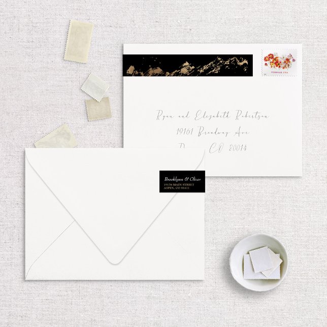 Faux Foil Gold Abstract Mountains on Black Wraparound Address Label (Creator Uploaded)